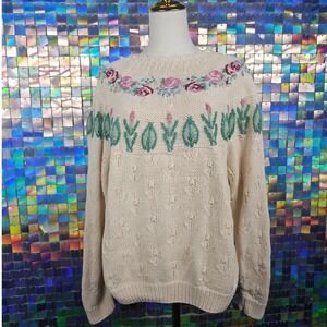 Forest Oaks Cream Floral Vintage Embroidered Knit Sweater Pullover Women S M‎
